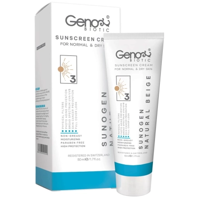 کرم ضد آفتاب SPF50 بژ طبیعی مناسب پوست های خشک و معمولی ژنوبایوتیک